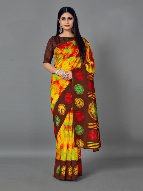 

KALINI Yellow & Coffee Brown Tie and Dye Silk Blend Saree