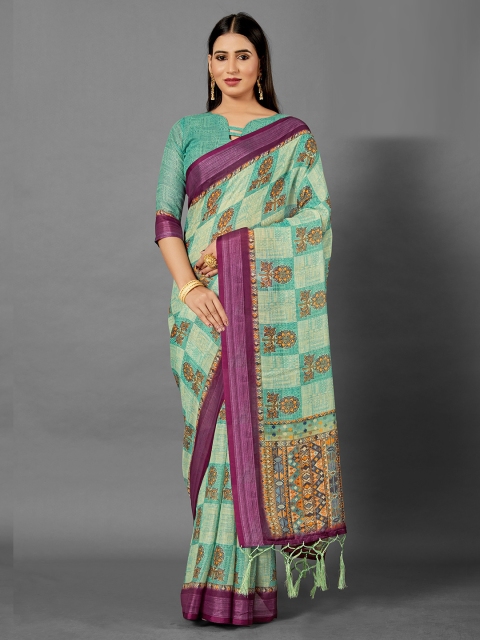 

KALINI Green & Magenta Floral Linen Blend Saree