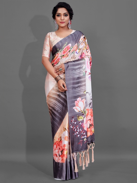 

KALINI Grey & Pink Floral Pure Crepe Saree