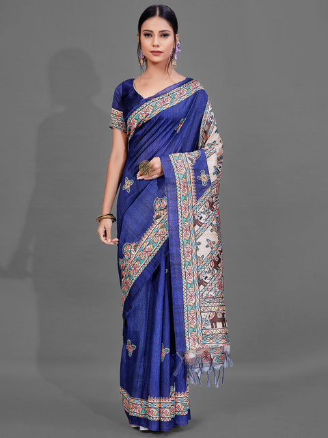 

KALINI Blue & Cream-Coloured Kalamkari Saree