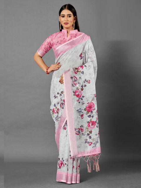

KALINI Grey & Pink Floral Zari Linen Blend Saree