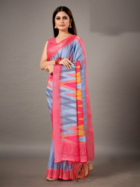 

KALINI Red & Blue Zari Linen Blend Saree