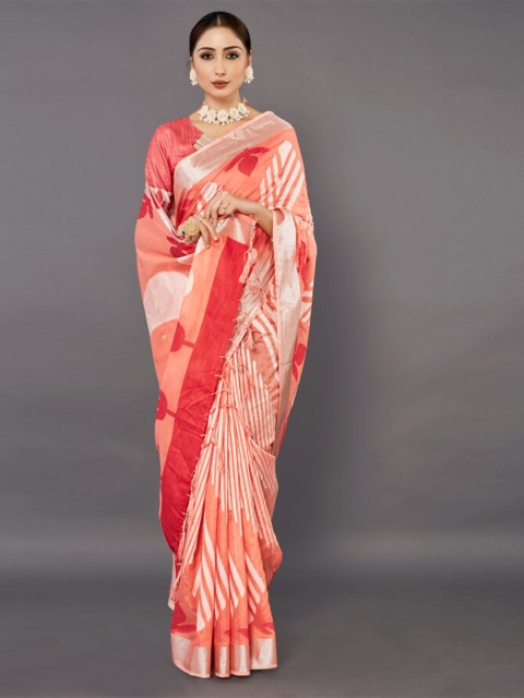 

KALINI Peach-Coloured & Silver-Toned Floral Silk Blend Saree