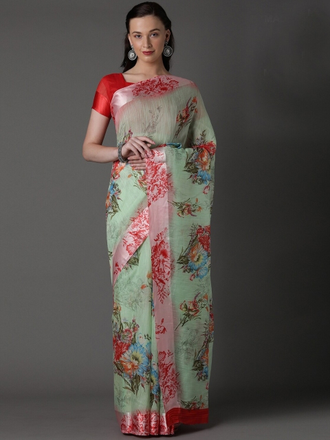 

KALINI Green & Red Floral Linen Blend Saree