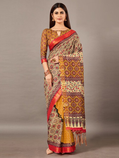 

KALINI Beige & Red Floral Linen Blend Saree