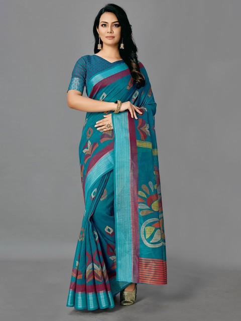 

KALINI Teal Green & Red Floral Silk Cotton Saree