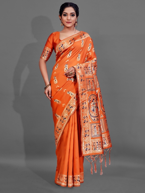 

KALINI Orange & Gold-Toned Ethnic Motifs Silk Blend Saree