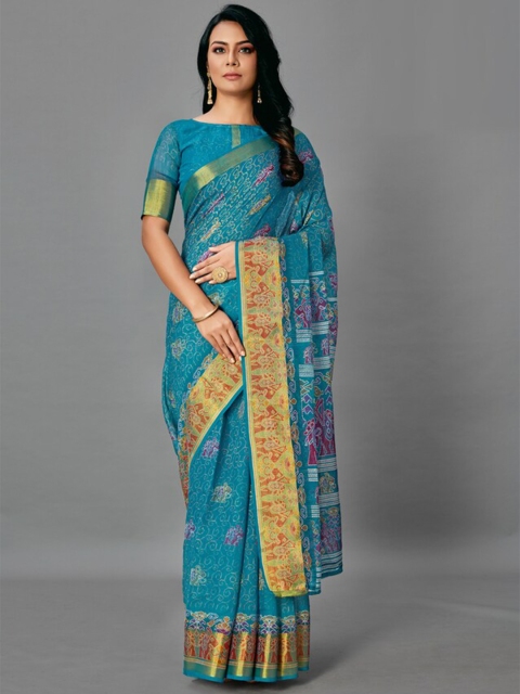 

KALINI Blue & Gold-Toned Floral Zari Silk Cotton Saree