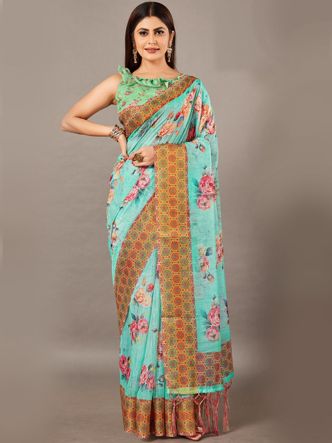 

KALINI Blue & Brown Floral Linen Blend Saree