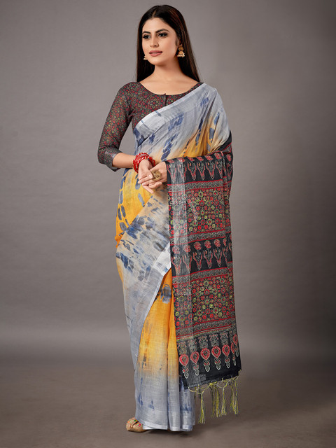 

KALINI Blue & Yellow Tie and Dye Zari Linen Blend Saree