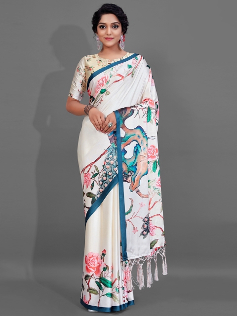 

KALINI White & Green Floral Pure Crepe Saree