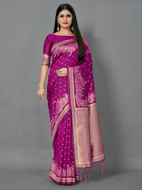 

KALINI Magenta & Gold-Toned Floral Zari Silk Blend Saree