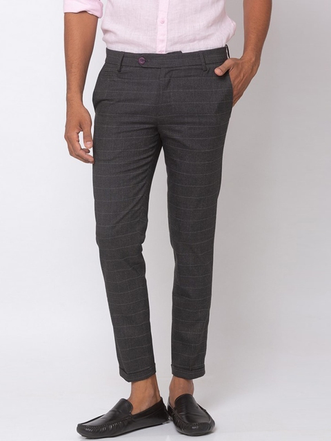 

SPYKAR Men Grey Checked Smart Slim Fit Cropped Cotton Trousers