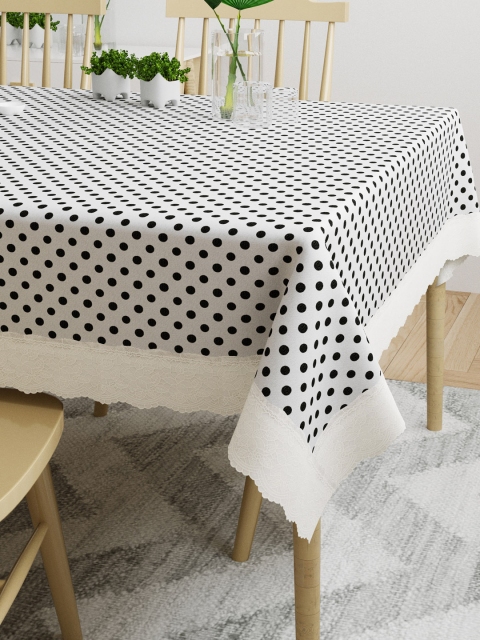 

DREAM WEAVERZ Silver-Toned Black & White Polka Dot Printed 4-Seater Dining Table Cover
