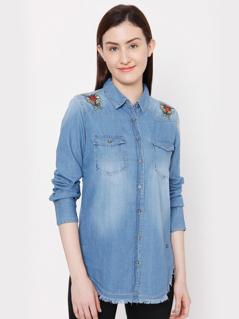 

SPYKAR Women Blue Regular Fit Faded Cotton Casual Shirt