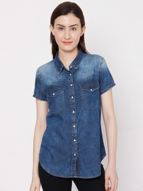 

SPYKAR Women Blue Faded Cotton Denim Casual Shirt