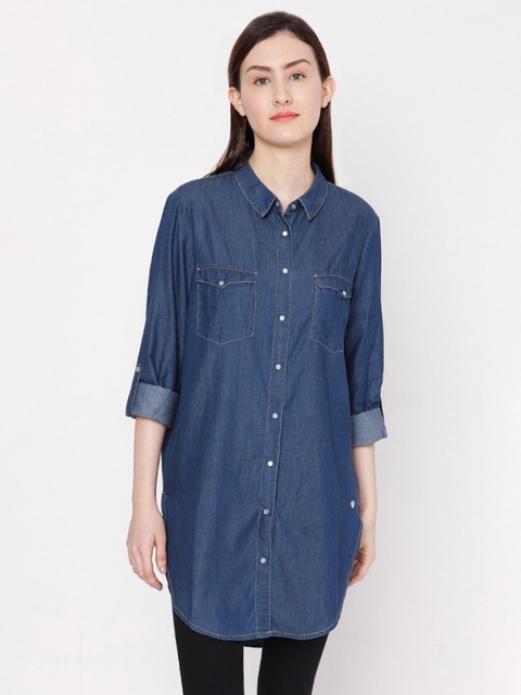 

SPYKAR Women Blue Casual Denim Longline Shirt