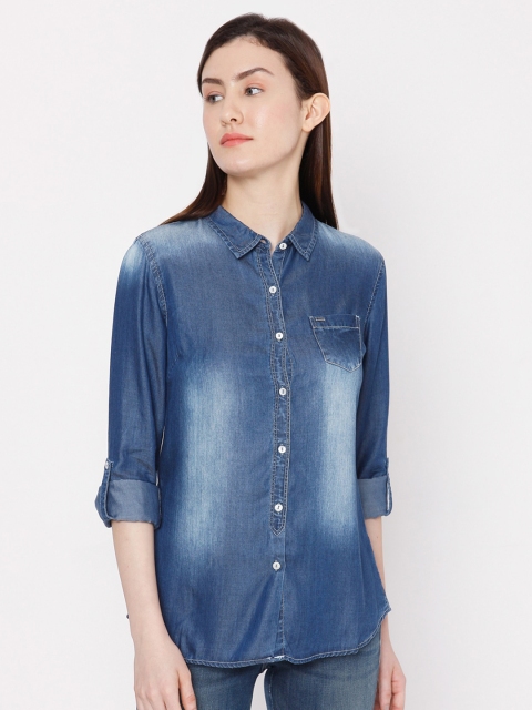 

SPYKAR Women Blue Faded Cotton Casual Shirt