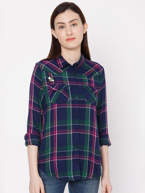 

SPYKAR Women Blue & Pink Tartan Checked Casual Shirt