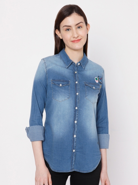 

SPYKAR Women Blue Faded Regular Fit Shirt