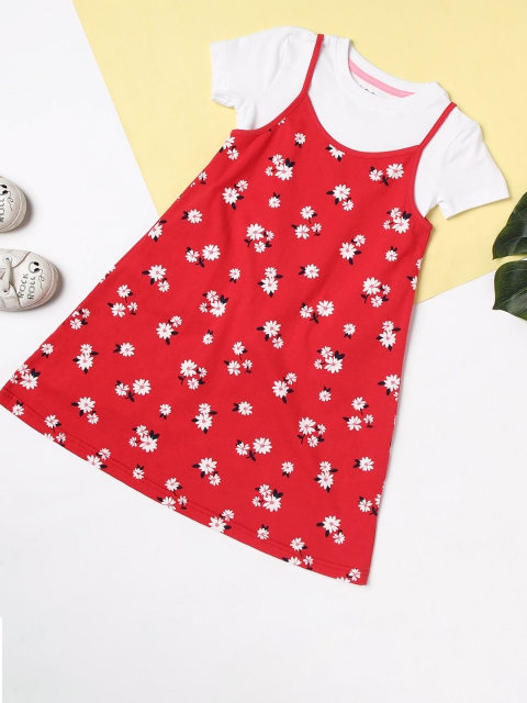 

ZION Red & Off White Floral Knitted Cotton A-Line Dress