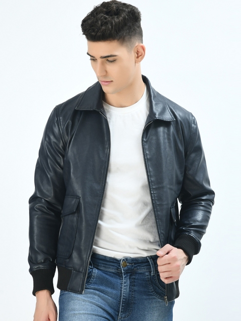 

Pactorn Men Navy Blue Leather Jacket