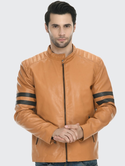 

Pactorn Men Tan Brown Leather Jacket With Contrast Stripes