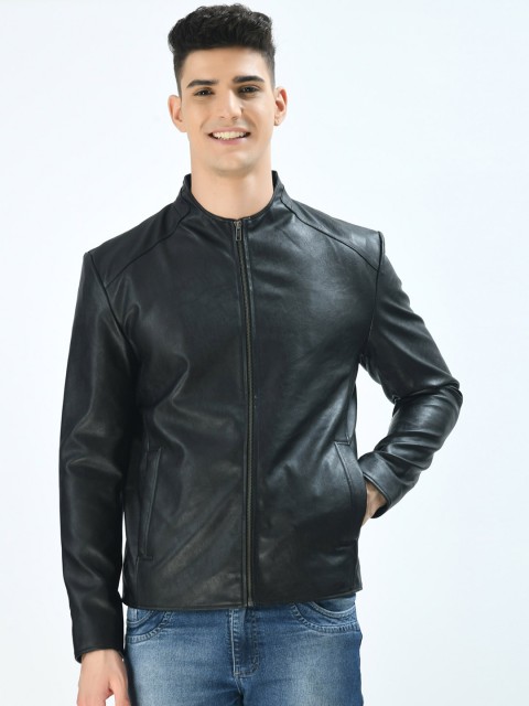 

Pactorn Men Black Solid Leather Jacket