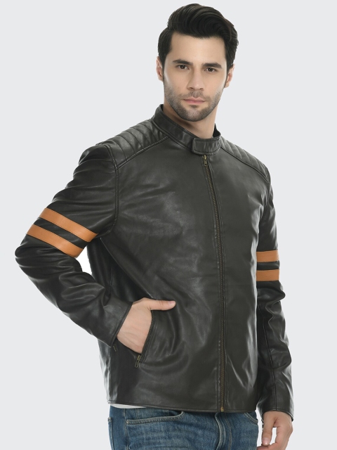 

Pactorn Men Black & Brown Leather Jacket with Contrast Stripes
