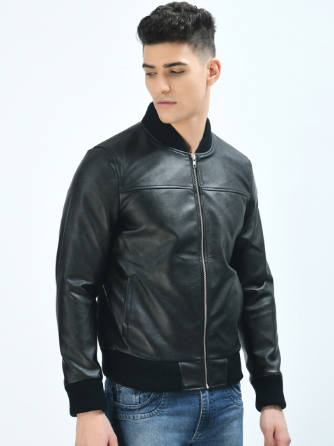 

Pactorn Men Black Solid Leather Jacket