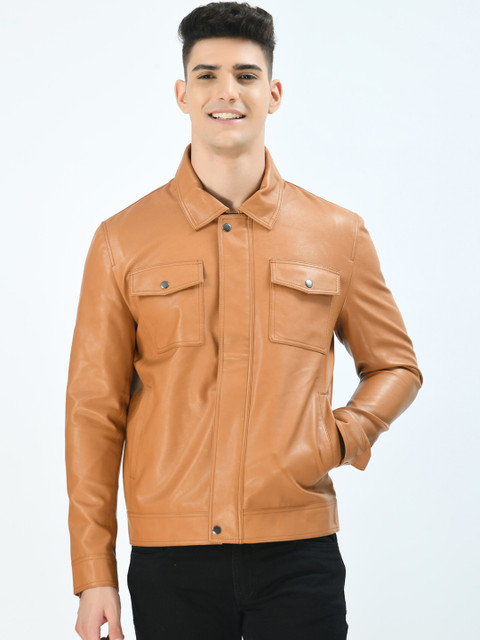 

Pactorn Men Tan Brown Leather Jacket