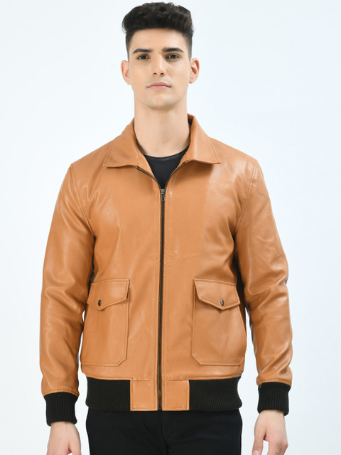 

Pactorn Men Tan Brown Solid Leather Jacket
