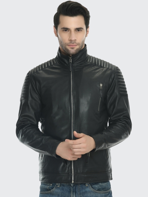 

Pactorn Men Black Solid Leather Jacket