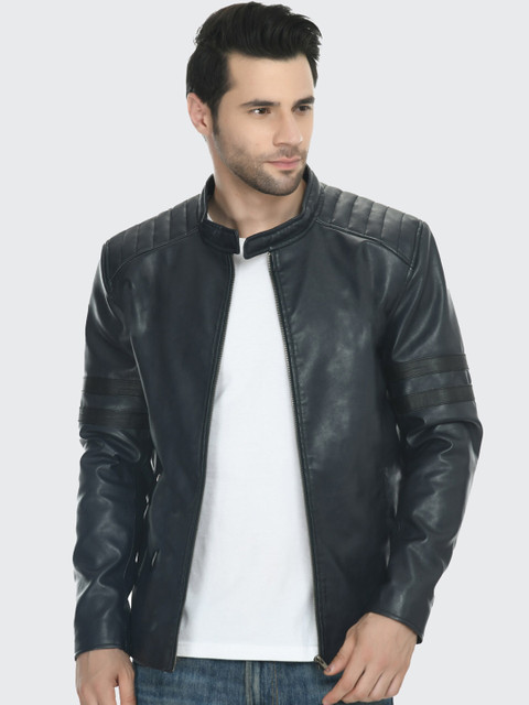 

Pactorn Men Navy Blue Solid Leather Jacket