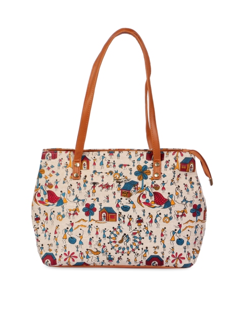 

LELYS Beige Ethnic Motifs Printed Leather Shopper Shoulder Bag