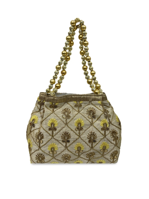 

LELYS Off White & Brown Embellished Potli Clutch