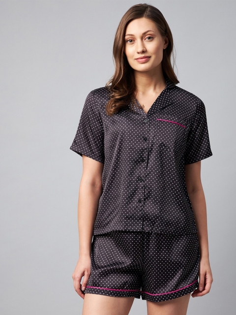 

Orchid Blues Women Black Polka Dot Printed Satin Night Suit