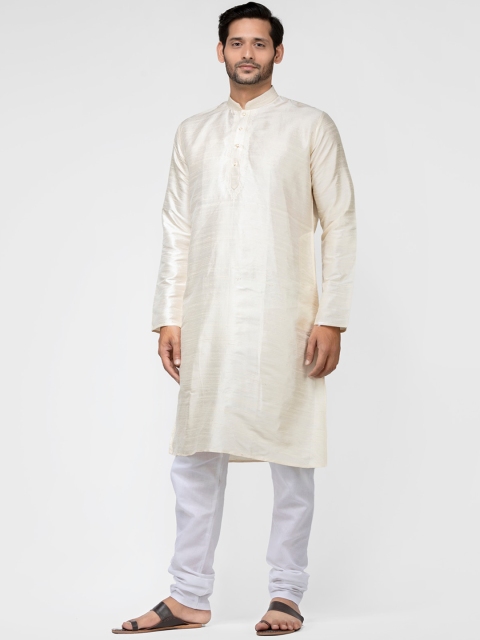 

TATTVA Men Cream & White Pure Silk Kurta with Churidar