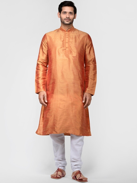 

TATTVA Men Orange Pure Silk Straight Kurta with Churidar