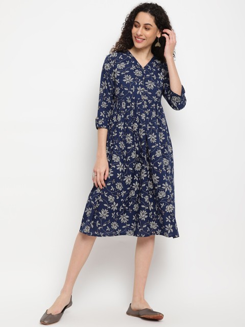 

IMARA Women Blue Floral Printed A-Line Linen Blend Dress