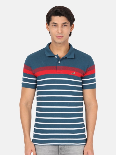 

Crocodile Men Teal & White Striped Polo Collar Slim Fit T-shirt