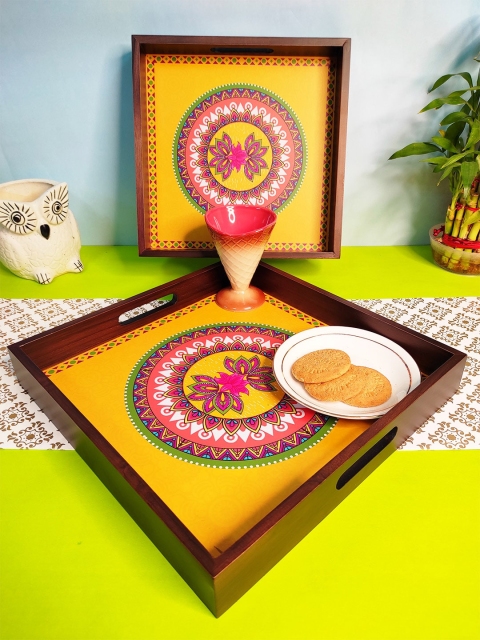 

CRAYTON Yellow & Pink Set Of 2 Madhubani Printed Square Serving Trays
