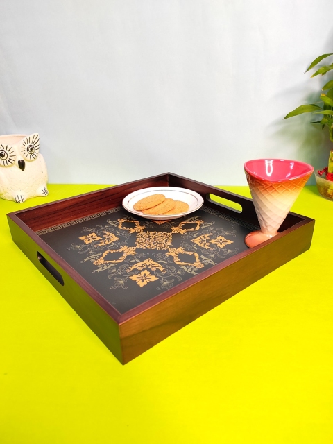 

CRAYTON Green Printed Mughal Inspired Rustic Wooden Square Serving Trays