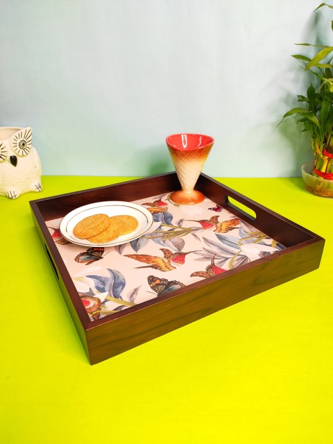 

CRAYTON Brown & Beige Tropical Printed Square Wooden Serving Tray