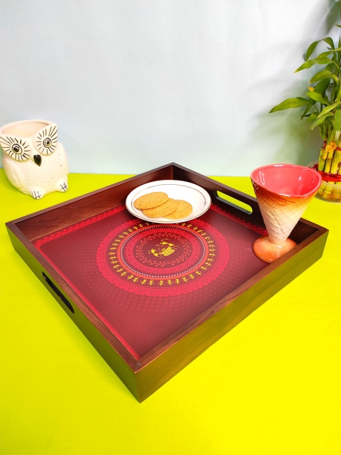 

CRAYTON Red & Brown Printed Wooden Square Multipurpose Serving Tray
