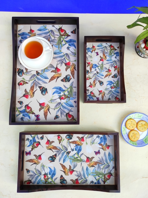 

CRAYTON Set Of 3 Multicoloured Tropical Bird Printed Wood Multipurpose Serving Trays, Multi