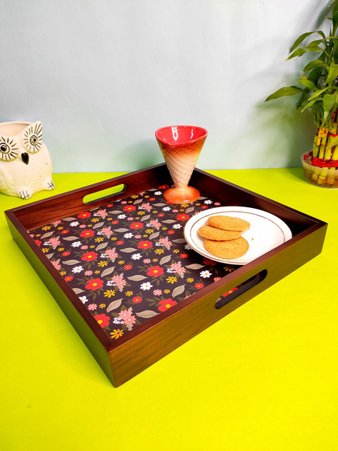 

CRAYTON Black & Red Printed Floral Seasoned Wood Square Multipurpose Serving Tray
