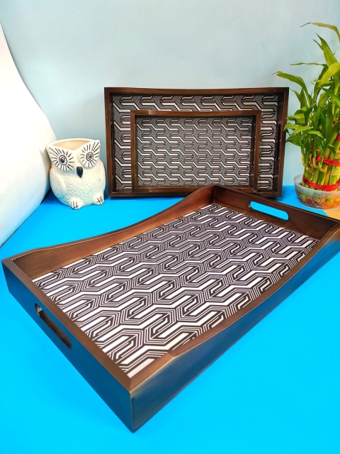 

CRAYTON Set of 3 Black & White Premium Wood Printed Rectangle Trays