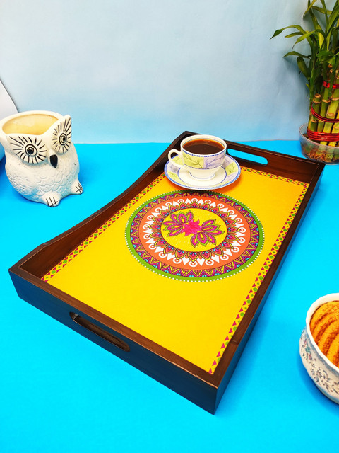 

CRAYTON Yellow Madhubani Printed Wooden Rectangle Serving Tray