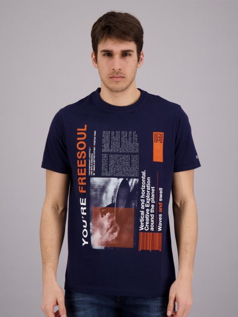 

FREESOUL Men Navy Blue Printed Pure Cotton T-shirt